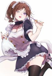 Rule 34 | 1girl, absurdres, apron, black dress, black thighhighs, blush, breasts, brown hair, choker, cleavage, dress, hand up, hibike! euphonium, highres, holding, holding pen, holding plate, kuziaaizuk, leg up, long hair, looking at viewer, looking down, maid, maid apron, maid headdress, medium breasts, nail polish, nakagawa natsuki, one eye closed, parted lips, pen, plate, ponytail, purple eyes, short sleeves, simple background, smile, solo, standing, standing on one leg, thighhighs, thighs, white apron, white background, zettai ryouiki