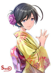 Rule 34 | 10s, 1girl, 2016, ahoge, alternate costume, artist name, black hair, blue eyes, closed mouth, dated, fingers together, floral print, flower, from side, girls und panzer, hair flower, hair ornament, isuzu hana, japanese clothes, kimono, long sleeves, looking at viewer, looking to the side, obi, purple flower, sash, shamakho, short hair, smile, solo, upper body, wide sleeves, yellow kimono, yukata