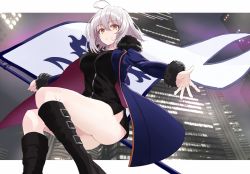Rule 34 | 1girl, ahoge, ass, black footwear, black vest, boots, bottomless, breasts, building, city, coat, fate/grand order, fate (series), feet out of frame, flag, fur trim, holding, jeanne d&#039;arc (fate), jeanne d&#039;arc alter (fate), jeanne d&#039;arc alter (ver. shinjuku 1999) (fate), jewelry, large breasts, long sleeves, looking at viewer, necklace, no pants, official alternate costume, orange eyes, outstretched arms, parted lips, short hair, shunichi, silver hair, skyscraper, smile, solo, spread arms, vest