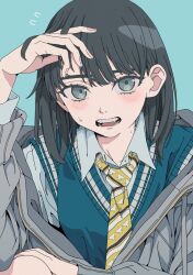 Rule 34 | 1girl, black hair, blue background, blue sweater vest, blush, breasts, collared shirt, commentary, drawstring, fingernails, grey eyes, grey hoodie, haku geroda, hand in own hair, hand on own knee, hand up, hood, hoodie, jacket, legs, long eyebrows, looking at viewer, medium hair, mole, mole on neck, necktie, off shoulder, open mouth, original, school uniform, shirt, simple background, single off shoulder, sitting, small breasts, solo, striped necktie, sweatdrop, sweater vest, swept bangs, teeth, tongue, white shirt, yellow necktie