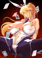 Rule 34 | 1girl, ahoge, animal ears, artoria pendragon (all), artoria pendragon (fate), artoria pendragon (swimsuit ruler) (fate), ass, bad id, bad pixiv id, bare shoulders, blonde hair, blue necktie, blue pantyhose, blush, braid, breasts, card, clothing cutout, covered erect nipples, cum, cum on body, detached collar, fake animal ears, fate/grand order, fate (series), fishnet pantyhose, fishnets, french braid, gradient background, green eyes, hair between eyes, highleg, highleg leotard, highres, large breasts, leaning back, leotard, leotard pull, long hair, looking at viewer, navel, navel cutout, necktie, nipples, one breast out, pantyhose, playboy bunny, playing card, ponytail, rabbit ears, saruanu, sidelocks, sitting, smile, solo, spread legs, thighs, tiara, wrist cuffs