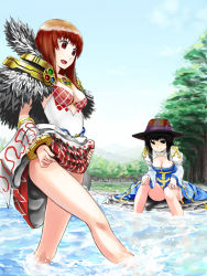 2girls, archbishop (ragnarok online), argyle, argyle dress, bangle, bangs, black eyes, black hair, blue dress, blue sky, bow, bracelet, breasts, brown hair, brown headwear, cleavage, cleavage cutout, closed mouth, clothing cutout, commentary request, day, detached sleeves, dress, dress lift, eyebrows visible through hair, frilled sleeves, frills, full body, fur collar, hat, hat bow, jewelry, juliet sleeves, long hair, long sleeves, looking to the side, medium breasts, multiple girls, open mouth, outdoors, partially submerged, puffy sleeves, purple bow, ragnarok online, red eyes, rock, sengoku esuji, sitting, sky, smile, sorcerer (ragnarok online), splashing, tree, two-tone dress, water, white dress, white sleeves
