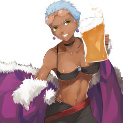 Rule 34 | 00s, 1girl, alcohol, april (darker than black), beer, blue hair, dark-skinned female, dark skin, darker than black, froth, glasses, grin, looking at viewer, short hair, simple background, smile, solo, u (the unko), white background