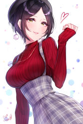 Rule 34 | 1girl, absurdres, beret, black hair, blush, breasts, earrings, hat, hayami kanade, heart, highres, idolmaster, idolmaster cinderella girls, jewelry, large breasts, lips, long hair, long sleeves, looking at viewer, mairo, necklace, parted bangs, parted lips, pom pom (clothes), pom pom earrings, red sweater, ribbed sweater, short hair, signature, smile, solo, sweater, turtleneck, turtleneck sweater, yellow eyes