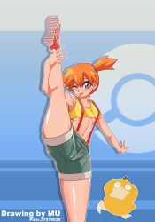 Rule 34 | 1girl, asymmetrical hair, blush, breasts, creatures (company), eyelashes, game freak, gen 1 pokemon, green eyes, gym leader, hair between eyes, hair tie, highres, leg up, misty (pokemon), mu (arone5023), navel, nintendo, one eye closed, open mouth, orange hair, pokemon, pokemon (anime), pokemon (classic anime), pokemon (creature), ponytail, psyduck, shirt, short hair, short shorts, shorts, side ponytail, smile, source request, suspenders, tank top, tongue, tongue out, wink, yellow shirt, yellow tank top