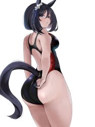 Rule 34 | 1girl, absurdres, adjusting clothes, adjusting swimsuit, animal ears, ass, black hair, black one-piece swimsuit, blue eyes, bob cut, breasts, curvy, ear scrunchie, eishin flash (umamusume), from behind, hair between eyes, highleg, highres, horse ears, horse girl, horse tail, huge ass, large breasts, looking at viewer, looking back, medium breasts, one-piece swimsuit, scrunchie, short hair, simple background, solo, swept bangs, swimsuit, tail, thick thighs, thighs, two-tone swimsuit, umainu 2002, umamusume, white background, white scrunchie, wide hips