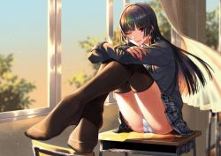 Rule 34 | 1girl, ;p, black hair, black thighhighs, blunt bangs, blurry, cardigan, chair, classroom, commission, crossed ankles, crossed arms, crotch seam, curtains, depth of field, desk, earrings, feet, hands on own knees, hands up, hime cut, ice reizou, indoors, jewelry, knees up, light particles, long hair, looking at viewer, nail polish, no shoes, on desk, one eye closed, original, panties, plaid, plaid skirt, pleated skirt, purple eyes, red nails, reflection, school, school chair, school desk, school uniform, sidelocks, sitting, skeb commission, skirt, sleeves past wrists, solo, sunlight, sunset, thighhighs, tongue, tongue out, underwear, white panties, wind, window
