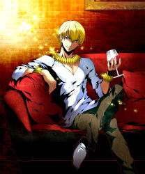 Rule 34 | 1boy, blonde hair, casual, couch, cup, cupping glass, drinking glass, fabulous, fate/stay night, fate/zero, fate (series), gilgamesh (fate), jewelry, crossed legs, male focus, official alternate costume, red eyes, sitting, smile, solo, starstar4, wine glass