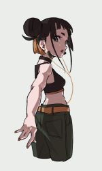 Rule 34 | 1girl, arm at side, bare arms, bare shoulders, belt, black hair, black tank top, blue eyes, breasts, cable, choker, crop top, double bun, earphones, gaako illust, green pants, hair bun, hair ribbon, hand up, highres, looking at viewer, looking back, midriff, nail polish, ofuda earrings, open mouth, orange nails, orange ribbon, original, outstretched arm, pants, pocket, reaching, reaching towards viewer, ribbon, simple background, sleeveless, solo, tank top, toned, updo, white background