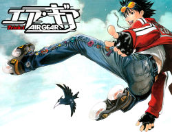 Rule 34 | 00s, 1boy, air gear, air trecks, back, bird, black eyes, black hair, cloud, comic, cover, cover page, crow, denim, eyewear on head, fingerless gloves, from behind, gloves, highres, inline skates, jacket, jeans, jewelry, jumping, male focus, minami itsuki, necklace, non-web source, oogure ito, outdoors, pants, pointing, roller skates, skates, skull and crossbones, sky, solo, spiked hair, sunglasses