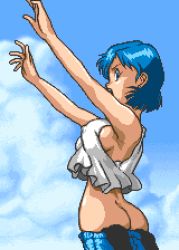Rule 34 | 1girl, ass, assisted exposure, blue eyes, blue hair, blue pants, breasts, clothes pull, cloud, covered erect nipples, from behind, large breasts, open mouth, pants, pants pull, pantsing, pixel art, pulling another&#039;s clothes, saiwai hiroshi, shirt, short hair, sideboob, sky, standing, super real mahjong, tank top, white shirt, yuu (super real mahjong)