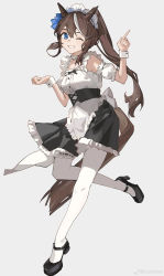 Rule 34 | 1girl, ;d, absurdres, alternate costume, animal ears, apron, arm garter, black footwear, black skirt, blue eyes, breasts, brown hair, center frills, ciloranko, commentary, corset, enmaided, frills, full body, grey background, grin, high heels, highres, horse ears, horse girl, horse tail, index finger raised, long hair, maid, maid apron, maid headdress, mary janes, multicolored hair, one eye closed, open mouth, pantyhose, ponytail, shoes, simple background, skirt, small breasts, smile, solo, streaked hair, tail, teeth, tokai teio (umamusume), umamusume, white pantyhose, wrist cuffs