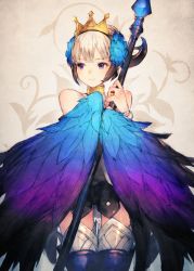 Rule 34 | 1girl, armor, armored dress, gwendolyn (odin sphere), hair ornament, highres, junwool, multicolored wings, odin sphere, polearm, pteruges, purple eyes, short hair, solo, spear, thighhighs, weapon, white hair, wings