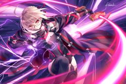 Rule 34 | 1girl, ahoge, artoria pendragon (all), artoria pendragon (fate), black-framed eyewear, black jacket, black leotard, black thighhighs, blonde hair, dark persona, fate/grand order, fate (series), glasses, hair between eyes, holding, holding weapon, jacket, kousaki rui, leotard, looking at viewer, mysterious heroine x alter (fate), mysterious heroine x alter (third ascension) (fate), outstretched arm, saber (fate), scarf, semi-rimless eyewear, solo, thighhighs, thighs, under-rim eyewear, weapon