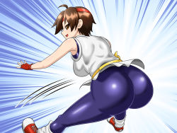 Rule 34 | 1girl, ass, ass focus, brown hair, headband, highres, hip attack, looking at viewer, looking back, short hair, solo, the king of fighters, yuri sakazaki