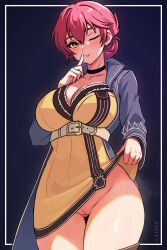 Rule 34 | 1girl, artist name, belt, black choker, blue background, blue coat, breasts, choker, cleavage, cleft of venus, closed mouth, clothes lift, coat, commentary, commission, cowboy shot, dress, dress lift, eiyuu densetsu, english commentary, finger to mouth, glooz art, gluteal fold, hair between eyes, highres, large breasts, lifted by self, looking at viewer, no panties, one eye closed, open clothes, open coat, pink hair, pussy, sara valestein, sen no kiseki, short hair, simple background, solo, thigh gap, uncensored, white belt, yellow dress, yellow eyes