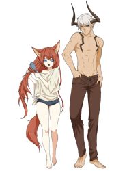 Rule 34 | 1boy, 1girl, animal ear fluff, animal ears, barefoot, blue eyes, brown pants, brushing hair, castanic, comb, brushing hair, elin, fox ears, fox tail, full body, hand in pocket, holding, holding comb, horns, long hair, looking to the side, loose clothes, loose shirt, navel, nipuni, non-web source, open mouth, pants, pointy ears, shirt, standing, tail, tera online, thighs, transparent background