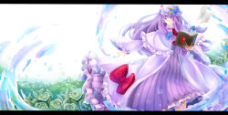 Rule 34 | 1girl, bad id, bad pixiv id, book, bow, bubble, capelet, coat, crescent moon, diamond (gemstone), dress, flower, frilled dress, frills, green flower, green rose, grimoire, hair bow, hat, hat bow, hat ornament, highres, holding, holding book, letterboxed, long hair, long sleeves, looking to the side, magic, magic circle, mob cap, moon, neko maru, open book, pages, patchouli knowledge, purple eyes, purple hair, rose, smile, solo, standing, touhou, water, white background, wide sleeves