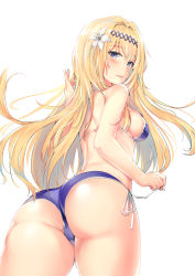 Rule 34 | 1girl, ass, bare arms, bare shoulders, bikini, blonde hair, blush, breasts, cameltoe, cowboy shot, flower, from behind, granblue fantasy, hair flower, hair intakes, hair ornament, hairband, hentai kuwa, highres, jeanne d&#039;arc (granblue fantasy), leaning forward, lips, long hair, looking at viewer, looking back, medium breasts, panties, parted lips, purple bikini, purple eyes, purple hairband, ribbon, side-tie bikini bottom, side-tie panties, sideboob, simple background, smile, solo, standing, straight hair, strap gap, swimsuit, thighs, underwear, very long hair, white background, white flower, white ribbon