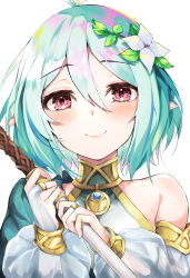 Rule 34 | 1girl, alternate hair color, antenna hair, aqua hair, blush, bridal gauntlets, closed mouth, commentary, detached sleeves, dress, elf, flower, gold trim, hair between eyes, hair flower, hair ornament, hands up, holding, holding staff, kokkoro (princess connect!), long sleeves, looking at viewer, multicolored hair, nonaturednerd, pink eyes, pointy ears, princess connect!, puffy sleeves, short hair, simple background, single bare shoulder, sleeveless, sleeveless dress, smile, solo, staff, streaked hair, upper body, white background, white flower