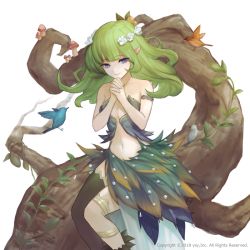 Rule 34 | bare shoulders, bird, black thighhighs, blue bird, blue eyes, blue feathers, breasts, dated, feather skirt, feathers, green hair, hair ornament, hands up, head wreath, long hair, mushroom, navel, official art, own hands together, pointy ears, revolve, single thighhigh, small breasts, solo, tcoffee, thighhighs, thighlet, watermark, white background, white bird