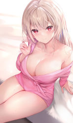 Rule 34 | 1girl, arm support, bare shoulders, blonde hair, breasts, cleavage, collarbone, from above, haishiki, highres, large breasts, long hair, looking at viewer, mole, off shoulder, on bed, original, pink robe, pink shirt, red eyes, robe, shirt, sitting, smile, solo, sweat, thighs