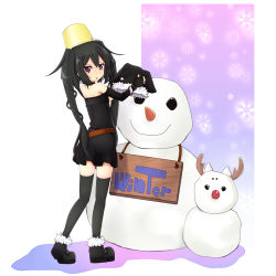 Rule 34 | 1girl, amano kouki, bare shoulders, black hair, black thighhighs, fingerless gloves, gloves, highres, long hair, looking at viewer, note-chan, open mouth, original, purple eyes, skirt, snowman, solo, thighhighs, twintails, very long hair