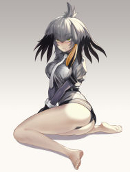 Rule 34 | 1girl, ass, bare legs, barefoot, between legs, black gloves, black hair, black panties, breast pocket, breasts, breasts squeezed together, closed mouth, collared shirt, commentary request, expressionless, from side, full body, gloves, gradient background, green eyes, grey background, grey hair, grey shirt, hair between eyes, head wings, highres, kazto furuya, kemono friends, layered sleeves, long hair, long sleeves, looking at viewer, medium breasts, multicolored hair, necktie, no pants, no tail, orange hair, own hands together, pale skin, panties, pocket, shirt, shoebill (kemono friends), short over long sleeves, short sleeves, sidelocks, simple background, sitting, soles, solo, toenails, toes, twisted torso, underwear, v-shaped eyebrows, v arms, white necktie, wing collar, wings