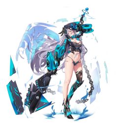 Rule 34 | 1girl, arm up, axe, battle axe, bikini, bikini bottom only, black bikini, black hat, black jacket, black thighhighs, blouse, breasts, chain, cleavage, crop top, cropped jacket, full body, grey hair, grey shirt, hair between eyes, hat, high collar, highres, holding, holding axe, huge weapon, jacket, large breasts, long hair, looking at viewer, mechanical arms, military hat, multi-strapped bikini, navel, no pants, one eye closed, open clothes, open jacket, original, peaked cap, pink eyes, shirt, simple background, single thighhigh, skindentation, solo, standing, stomach, string bikini, swimsuit, thighhighs, thighs, torn clothes, torn shirt, very long hair, weapon, white background, you ni ge shaobing