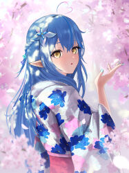 Rule 34 | 1girl, absurdres, ahoge, blue hair, blue nails, blush, cherry blossoms, day, falling petals, floral print, flower, hair flower, hair ornament, heart, heart ahoge, highres, hololive, japanese clothes, kimono, light rays, long hair, long sleeves, looking at viewer, multicolored hair, open mouth, outdoors, petals, pointy ears, solid eyes, streaked hair, sunbeam, sunlight, torjun 111, virtual youtuber, wide sleeves, yukihana lamy, yukihana lamy (new year)
