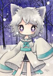 Rule 34 | + +, 1girl, animal ears, aqua neckerchief, blush, bright pupils, commission, dated, expressionless, feet out of frame, grey hair, highres, looking at viewer, neckerchief, no nose, original, purple eyes, short hair, signature, skeb commission, sleeves past fingers, sleeves past wrists, snow, solo, tree, white pupils, zukky000