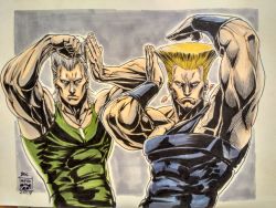 Rule 34 | 2boys, abs, armpits, artist logo, bare arms, black shirt, blonde hair, capcom, clenched hands, closed mouth, cosplay, costume switch, crossover, dated, dog tags, earrings, fingernails, flattop, green shirt, grey background, grey hair, guile, hands up, highres, jean pierre polnareff, jewelry, jojo no kimyou na bouken, jojo pose, look-alike, looking at viewer, male focus, manly, marker (medium), maya panda, multiple boys, muscular, photo (medium), sanpaku, shirt, signature, sleeveless, sleeveless shirt, stardust crusaders, street fighter, street fighter ii (series), traditional media, trait connection, wristband