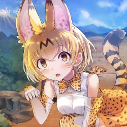 Rule 34 | 10s, animal ears, blonde hair, blue sky, blush, bow, bowtie, commentary request, day, elbow gloves, fur collar, gloves, high-waist skirt, highres, kemono friends, looking at viewer, open mouth, orange bow, orange bowtie, orange eyes, outdoors, paw pose, sandstar, savannah, serval (kemono friends), serval print, serval tail, shirt, short hair, skirt, sky, sleeveless, sleeveless shirt, solo, striped tail, tail, yudough
