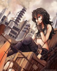 Rule 34 | 1girl, ammunition belt, anna vitayev, bad deviantart id, bad id, black hair, blue eyes, bolt action, boots, bullet, cigarette, cradle-song, crop top, fingerless gloves, gloves, gun, crossed legs, long hair, making-of available, midriff, rifle, scope, sitting, smokestack, smoking, softmode, solo, tank top, weapon