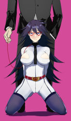 Rule 34 | 10s, 1boy, 1girl, arms behind back, bad id, bad pixiv id, belt, belt buckle, black hair, blush, bodysuit, boku no hero academia, breasts, buckle, cameltoe, closed mouth, collar, covered erect nipples, domino mask, facing viewer, formal, garter straps, glasses, gluteal fold, hair between eyes, hand in pocket, heart, heart-shaped pupils, highres, jacket, kneeling, leash, leash pull, long hair, looking at viewer, mask, midnight (boku no hero academia), pants, pet play, pink background, purple eyes, shirt, shoes, simple background, sitting, skin tight, skindentation, spiked hair, suit, symbol-shaped pupils, thighhighs, torn bodysuit, torn clothes, very long hair, vic (vedream)