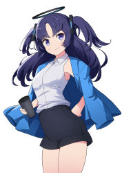 Rule 34 | 1girl, absurdres, black skirt, blue archive, blue jacket, blush, breasts, closed mouth, collared shirt, cowboy shot, cup, halo, highres, holding, holding cup, jacket, jacket on shoulders, kittenlochen, large breasts, long hair, looking at viewer, mechanical halo, purple eyes, purple hair, shirt, simple background, skirt, sleeveless, sleeveless shirt, smile, solo, thighs, two side up, white background, white shirt, yuuka (blue archive)