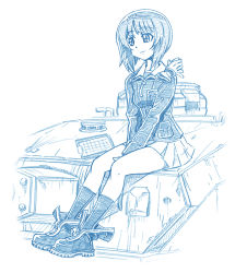 Rule 34 | 10s, 1girl, bbb (friskuser), between legs, blue theme, boots, clipboard, commentary request, girls und panzer, gloves, greyscale, hand between legs, jacket, long sleeves, military, military vehicle, monochrome, motor vehicle, nishizumi miho, panzer iv, panzer iv, pleated skirt, school uniform, shoes, sitting, sitting on object, skirt, smile, socks, solo, tank, tank turret, untied footwear, unworn gloves, white background