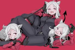Rule 34 | 3girls, :d, absurdres, animal ears, belt, belt buckle, black gloves, black neckwear, black pants, black vest, blush, breasts, buckle, cerberus (helltaker), claw pose, collared shirt, demon girl, demon tail, dog ears, fangs, forehead, gloves, grin, hayarob, helltaker, highres, leaning back, long hair, long sleeves, looking at viewer, lying, medium breasts, multiple girls, necktie, on back, open mouth, pants, parted bangs, pink background, red eyes, red shirt, shirt, silver hair, simple background, sitting, smile, tail, tail grab, teeth, top-down bottom-up, triplets, vest, waistcoat, wing collar
