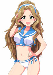 Rule 34 | &gt;:d, 1girl, :d, arm up, bare arms, bare shoulders, between breasts, bikini, blue neckerchief, blush, bow, breasts, brown hair, commentary request, contrapposto, gluteal fold, green eyes, hairband, hand in own hair, hand on own hip, idolmaster, idolmaster million live!, long hair, looking at viewer, medium breasts, momoda yasuhito, navel, neckerchief, nikaidou chizuru, open mouth, sailor bikini, sailor collar, sailor swimsuit (idolmaster), side-tie bikini bottom, simple background, smile, solo, standing, stomach, striped, striped bow, swimsuit, tareme, two-tone hairband, v-shaped eyebrows, very long hair, wavy hair, white background, white bikini