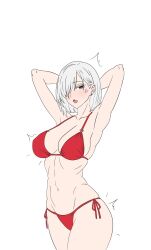 Rule 34 | 1girl, anger vein, armpits, arms behind head, bikini, breasts, cleavage, fiona frost, grey eyes, highres, large breasts, legs, navel, red bikini, short hair, solo, spy x family, swimsuit, thighs, white hair