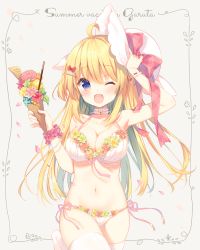 Rule 34 | 1girl, ;d, ahoge, arm up, bikini, blonde hair, blue eyes, blush, bracelet, breasts, cherry blossoms, choker, cleavage, collarbone, flower, food, front-tie bikini top, front-tie top, garuta (yamucha), hair ornament, hairclip, halterneck, halterneck, hat, hat ribbon, hibiscus, ice cream, ice cream cone, jewelry, large breasts, long hair, looking at viewer, navel, no shoes, one eye closed, open mouth, original, plaid, plaid ribbon, red eyes, ribbon, side-tie bikini bottom, smile, solo, sun hat, swimsuit, thighhighs, white background, white bikini, white thighhighs, wrist cuffs, yamucha