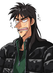Rule 34 | 1boy, absurdres, black eyes, black hair, black jacket, black shirt, commentary request, crying, crying with eyes open, fukumoto nobuyuki (style), green sweater, highres, itou kaiji, jacket, kaiji, long hair, looking afar, male focus, medium bangs, official style, open mouth, parody, pointy nose, shirt, sidelocks, simple background, solo, style parody, sweater, tears, teeth, undershirt, upper body, usarinko, white background, zipper