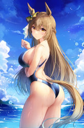 1girl absurdres animal_ears arm_under_breasts ass bare_shoulders blue_one-piece_swimsuit blush breasts brown_hair competition_swimsuit from_side hair_ornament half_updo highleg highleg_one-piece_swimsuit highres horse_ears horse_girl horse_tail large_breasts looking_at_viewer looking_to_the_side one-piece_swimsuit outdoors parted_lips satono_diamond_(umamusume) sky sob_(submar1089) solo swimsuit tail thighs umamusume water wet yellow_eyes