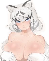 Rule 34 | 1girl, :t, animal ears, black hair, blue eyes, blush, body blush, breasts, cleavage, covering privates, covering breasts, embarrassed, fang, female focus, gloves, grabbing own breast, highres, huge breasts, kemono friends, large breasts, looking at viewer, no bra, off shoulder, shibori kasu, shirt, short hair, simple background, solo, sweat, tiger, tiger ears, undressing, upper body, wavy mouth, white background, white gloves, white hair, white shirt, white tiger (kemono friends)