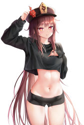 Rule 34 | 1girl, arm up, black hat, black shirt, black shorts, breasts, brown hair, closed mouth, cowboy shot, crop top, crop top overhang, flower, genshin impact, gluteal fold, hair down, hand on own chest, hat, hat flower, highres, hu tao (genshin impact), long hair, long sleeves, looking at viewer, micro shorts, midriff, navel, plum blossoms, rable, red eyes, shirt, short shorts, shorts, simple background, small breasts, smile, solo, star-shaped pupils, star (symbol), stomach, symbol-shaped pupils, thighs, tongue, tongue out, very long hair, white background