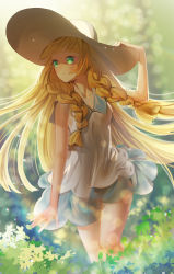 Rule 34 | 1girl, bag, bare arms, blonde hair, blunt bangs, blurry, braid, chromatic aberration, closed mouth, collarbone, collared dress, creatures (company), day, depth of field, dress, duffel bag, game freak, green eyes, hand on headwear, handbag, hat, kyoungi nyang, light particles, lillie (pokemon), long hair, looking away, looking to the side, nintendo, outdoors, plant, poke ball theme, pokemon, pokemon sm, see-through, sleeveless, sleeveless dress, solo, sun hat, sundress, twin braids, very long hair, walking, white dress, white hat