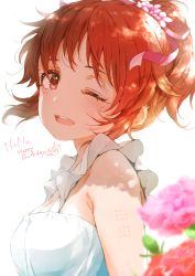 Rule 34 | 1girl, :d, abe nana, armpit crease, bare shoulders, blush, breasts, cleavage, dress, flower, frilled dress, frills, from side, gomennasai, hair flower, hair ornament, hair ribbon, happy birthday, highres, idolmaster, idolmaster cinderella girls, leaf, looking at viewer, looking to the side, medium breasts, one eye closed, open mouth, orange hair, pink flower, pink ribbon, red eyes, red flower, ribbon, shadow, short ponytail, sleeveless, sleeveless dress, smile, solo, sundress, teeth, upper body, upper teeth only, white background, white dress