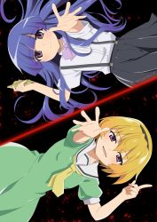 Rule 34 | 2girls, :d, black background, black hairband, black skirt, blonde hair, blood, blue hair, blunt bangs, bow, bowtie, closed mouth, collared shirt, commentary, dress, frown, furude rika, green dress, hair between eyes, hairband, hand up, highres, higurashi no naku koro ni, holding, houjou satoko, index finger raised, long hair, looking at viewer, lower teeth only, multiple girls, neckerchief, open mouth, outstretched arm, puffy short sleeves, puffy sleeves, purple bow, purple eyes, purple neckwear, rumia (compacthuman), sailor collar, school uniform, shirt, shirt tucked in, short hair, short sleeves, skirt, smile, split screen, spread fingers, suspender skirt, suspenders, teeth, twitter username, white sailor collar, white shirt, yellow neckwear