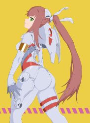 Rule 34 | 1girl, absurdres, ass, bodysuit, breasts, brown hair, cosplay, darling in the franxx, doki doki literature club, green eyes, hair ribbon, highres, long hair, looking at viewer, looking back, medium breasts, monika (doki doki literature club), pilot suit, ponytail, ribbon, rover rabbit (doz668), skin tight, smile, solo, white bodysuit, white ribbon, zero two (darling in the franxx), zero two (darling in the franxx) (cosplay)