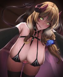 Rule 34 | 1girl, absurdres, bikini, blonde hair, breasts, choker, commentary, demon girl, demon horns, demon tail, demon wings, english commentary, flower, genshin impact, glowing, glowing eyes, green eyes, hair between eyes, hair flower, hair ornament, hans-kun, highres, horns, large breasts, licking lips, lisa (genshin impact), long hair, looking at viewer, looking down, low ponytail, ponytail, solo, sweat, swimsuit, tail, tongue, tongue out, wings